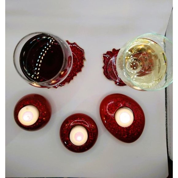 Coasters and Tea Light Candle Holders 5 Piece Set Red Glitter Handmade NEW - Picture 2 of 10